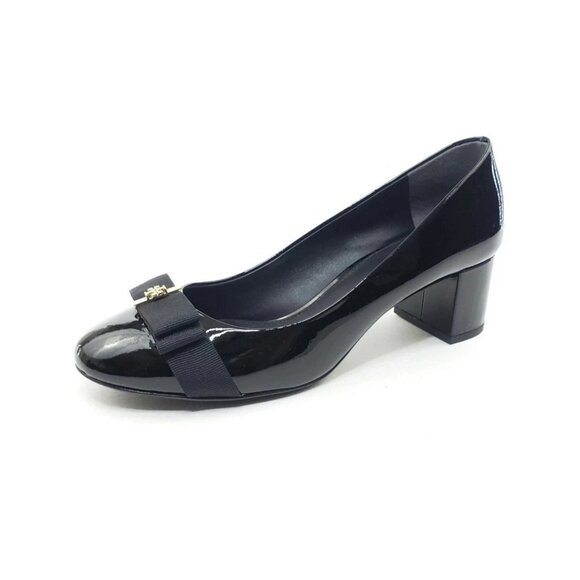Tory Burch Trudy Black Patent Block Heel Pumps Logo Bow Womens Size US 8M - Picture 1 of 12